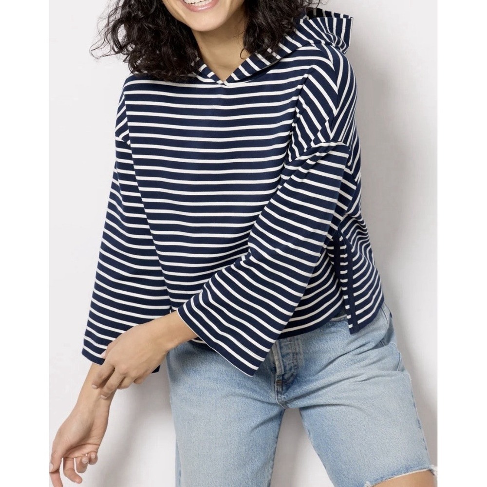 Evereve Mia Striped‎ Hoodie Size Large Navy & White Boxy Nautical Coastal Beach